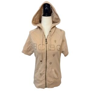 Vintage Y2K BCBG Max Azria Large Beige Rhinestone Short Sleeve Hoodie